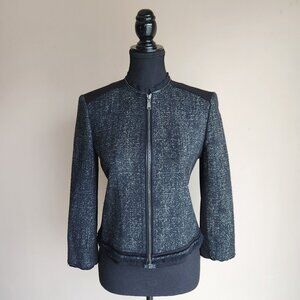 Elie Tahari Tweed Zip Front Lined Jacket with Raw Hem Color Blocked Size 4